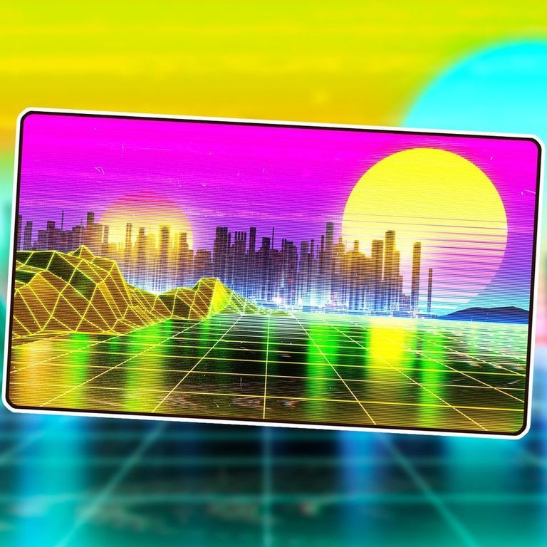 1UP playmat retro futuristic theme with neon grid, city skyline, and vibrant sunset colors