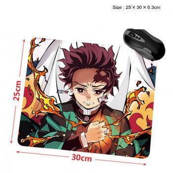 Demon Slayer anime mouse pad featuring Tanjiro Kamado portrait with dynamic flame graphics and 30x25cm size