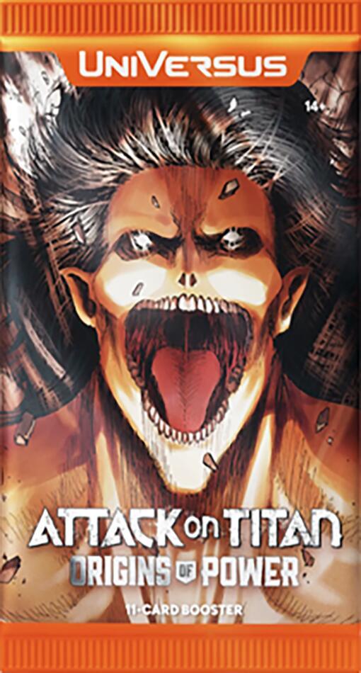Universus Attack on Titan booster pack featuring screaming Titan cover art Origins of Power 11 card