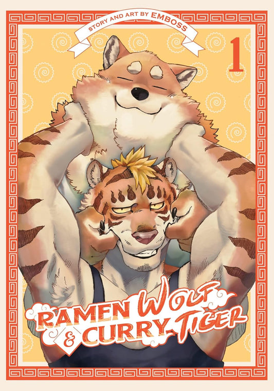 Seven Seas book cover Ramen Wolf and Curry Tiger manga showing a smiling wolf hugging a gruff tiger on orange background