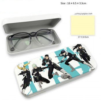 Unbranded Kaiju No.8 anime glasses case hard shell with printed characters shown open with glasses and cleaning cloth