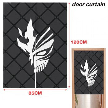 Bleach anime door curtain split noren with white hollow mask design on black grid background 85x120cm