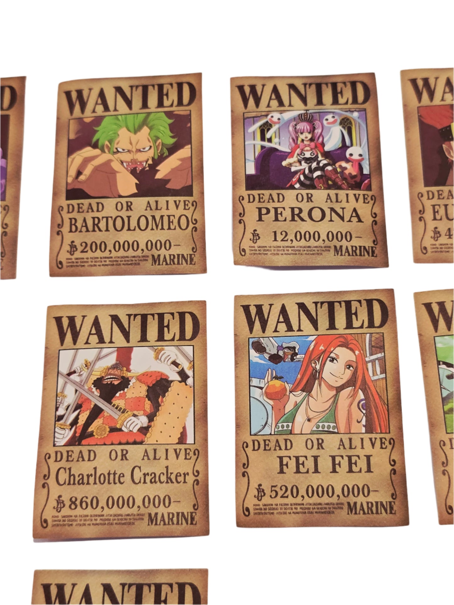 Otaku-Planet anime wanted poster stickers featuring characters Bartolomeo Perona Charlotte Cracker and Fei Fei