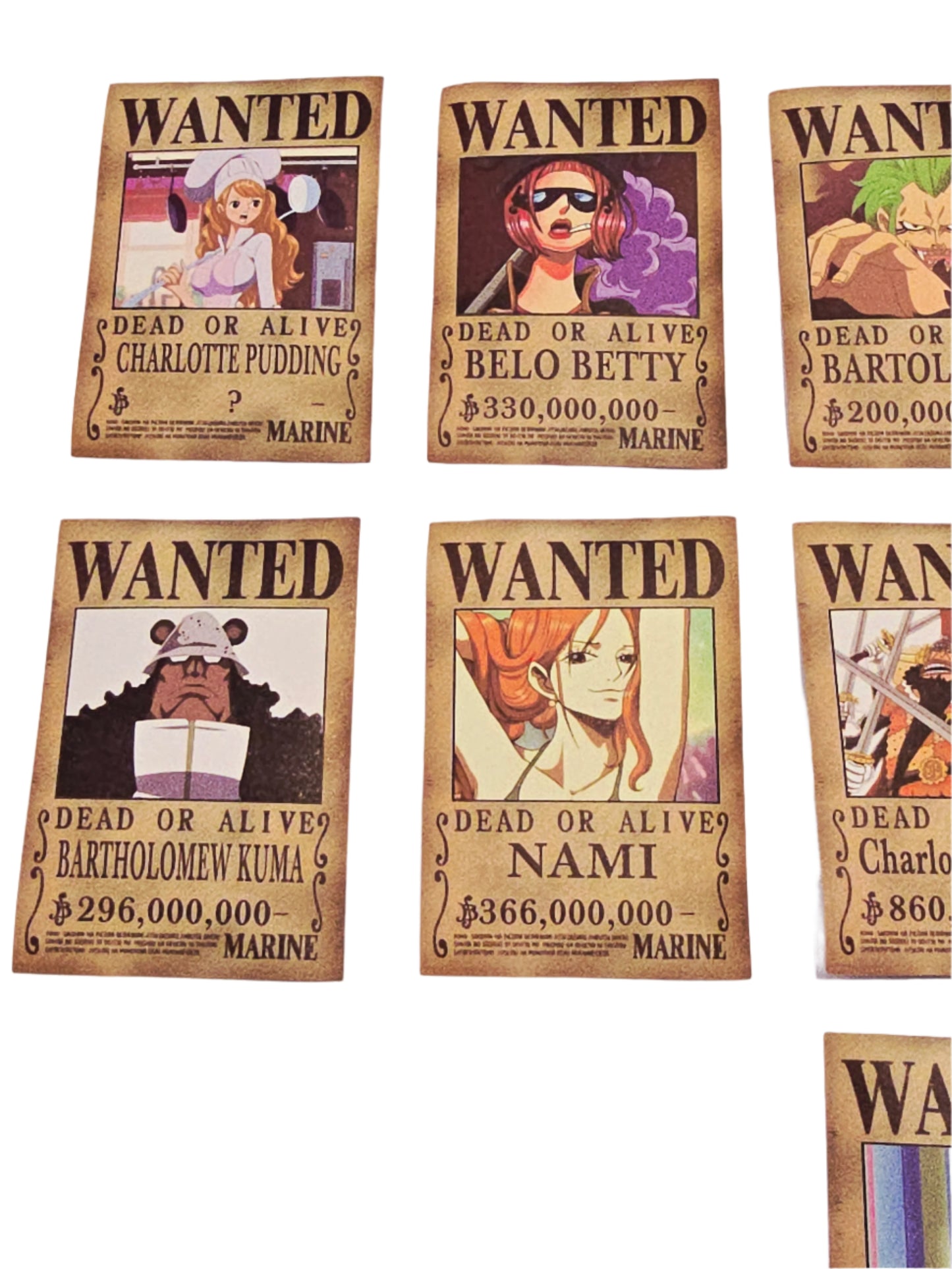 Set of anime wanted poster stickers featuring characters Charlotte Pudding, Belo Betty, Bartholomew Kuma, and Nami