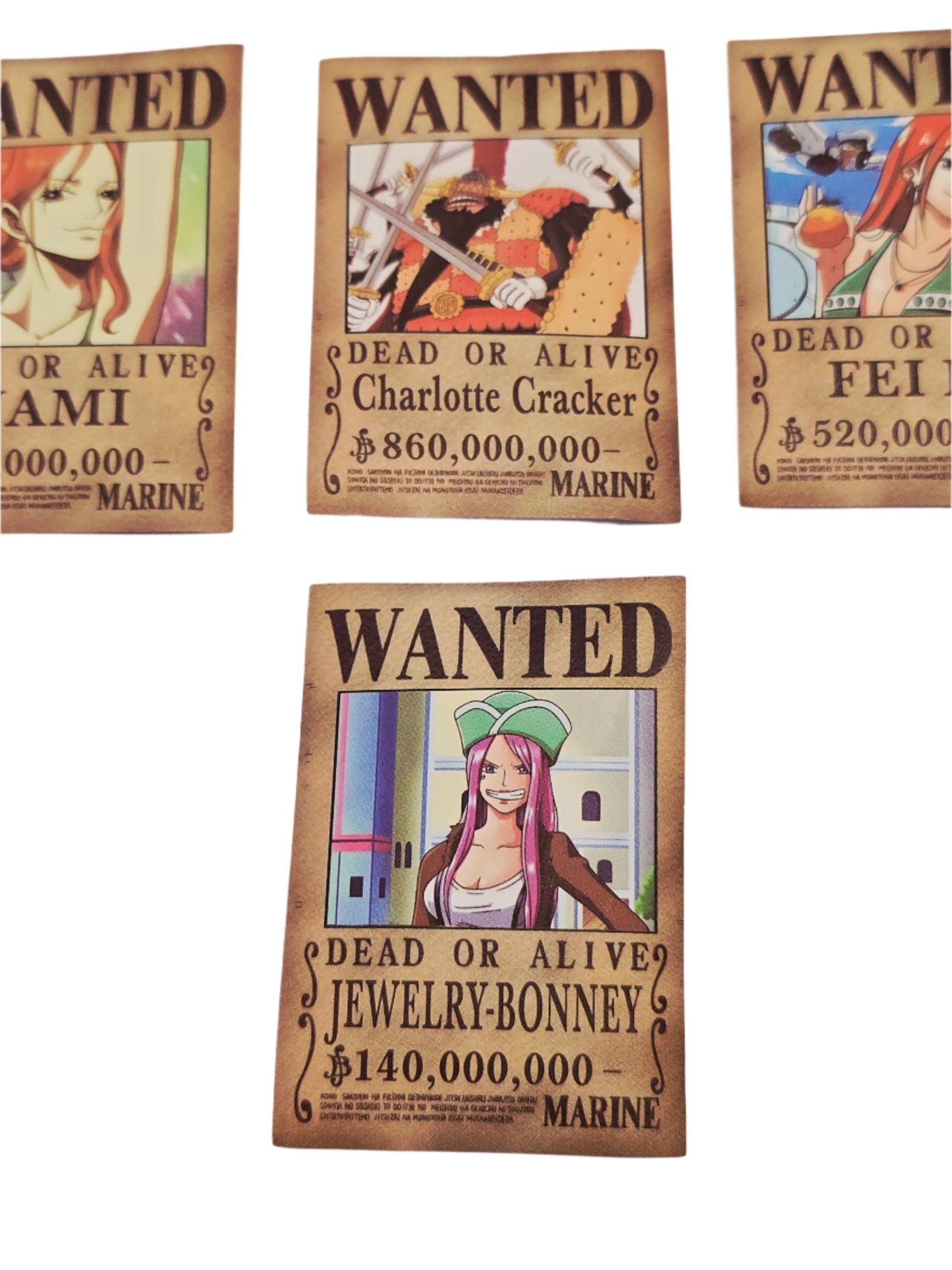 Otaku-Planet anime wanted poster stickers featuring characters like Charlotte Cracker and Jewelry Bonney
