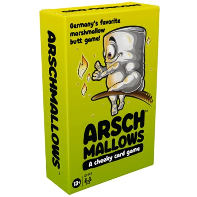 Hasbro Arschmallows cheeky party game with marshmallow character on bright yellow box