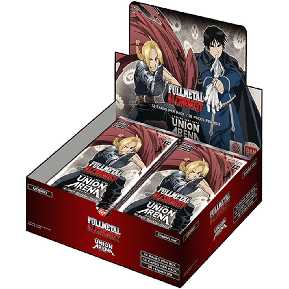 Fullmetal Alchemist Union Arena booster box display featuring Edward Elric and Roy Mustang artwork for trading cards