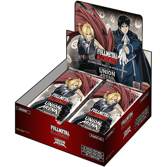 Fullmetal Alchemist Union Arena booster box display featuring Edward Elric and Roy Mustang artwork for trading cards