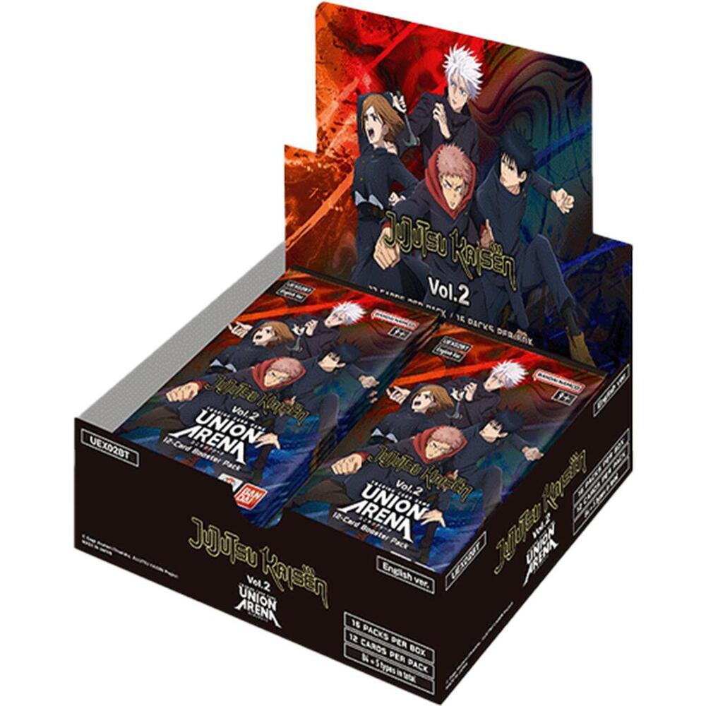 BANDAI trading card display box with multiple Jujutsu Kaisen Union Arena booster pack featuring character art