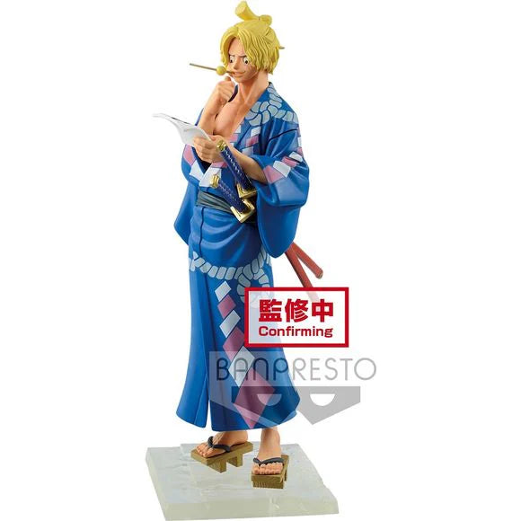 Banpresto Sabo figure One Piece wearing a blue kimono, holding a letter and looking confident