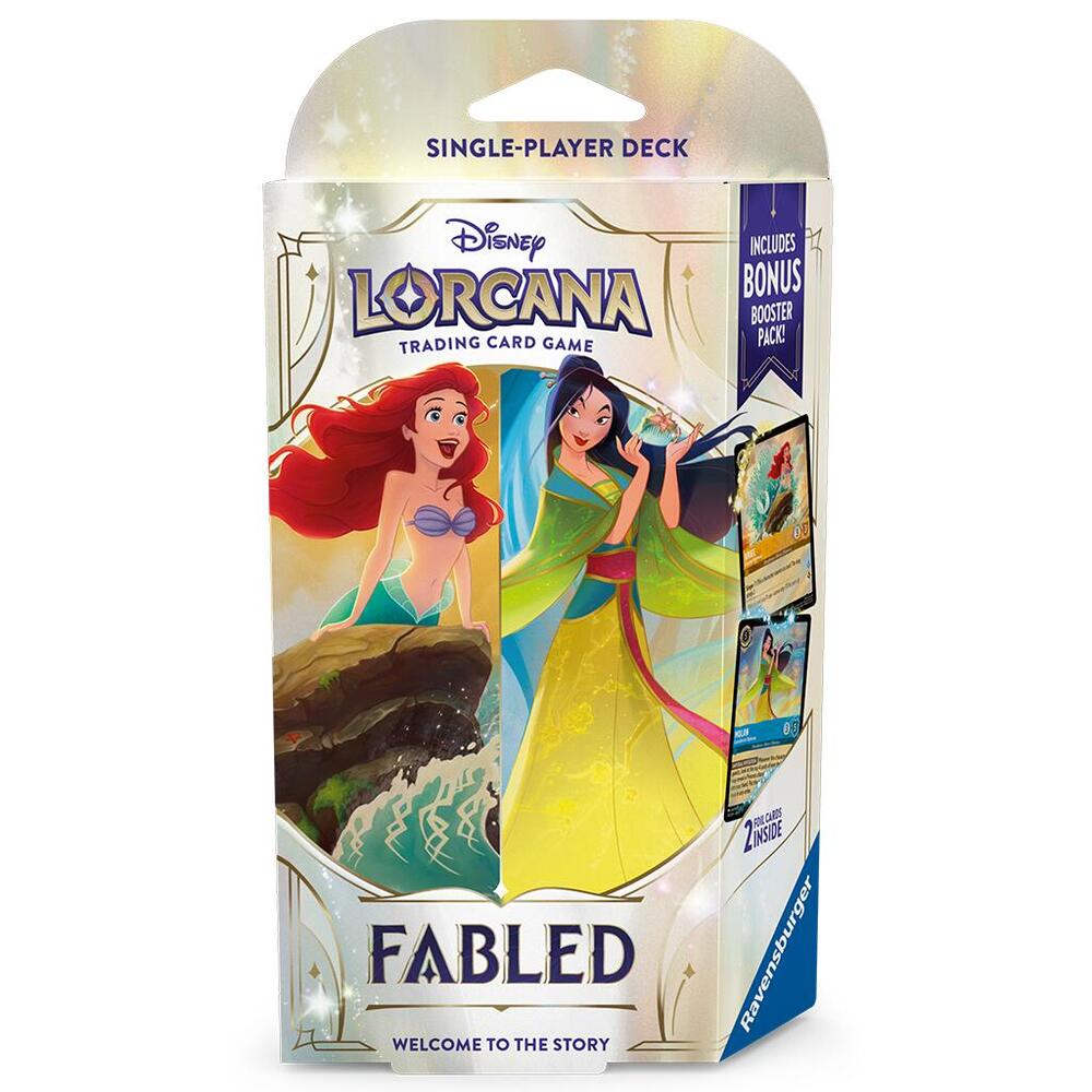 Disney Lorcana Fabled Starter Deck single player trading card pack featuring Ariel and Mulan art and bonus booster
