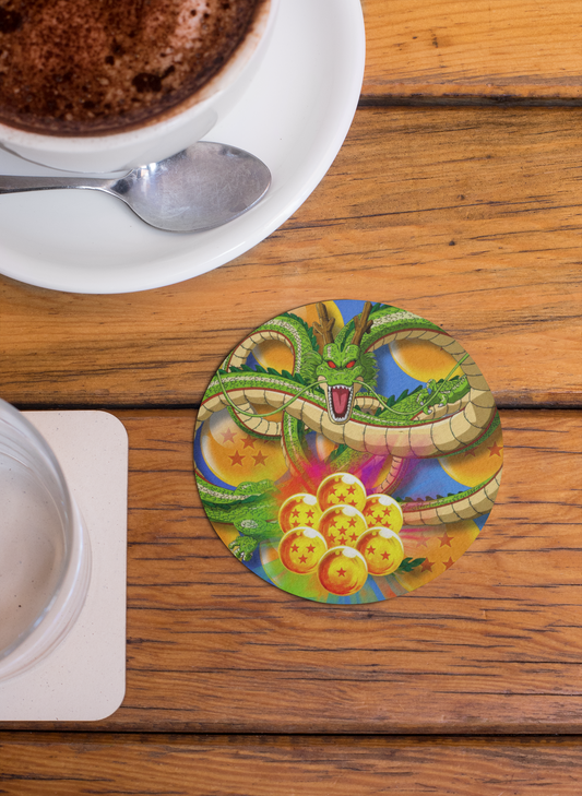 Colorful Dragon Ball coaster featuring Shenron and Dragon Balls on a wooden table