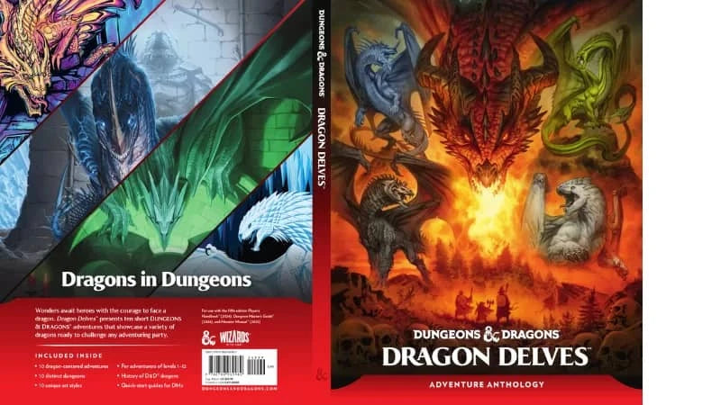 Dungeons & Dragons Dragon Delves book featuring colorful dragon artwork and adventure anthology details