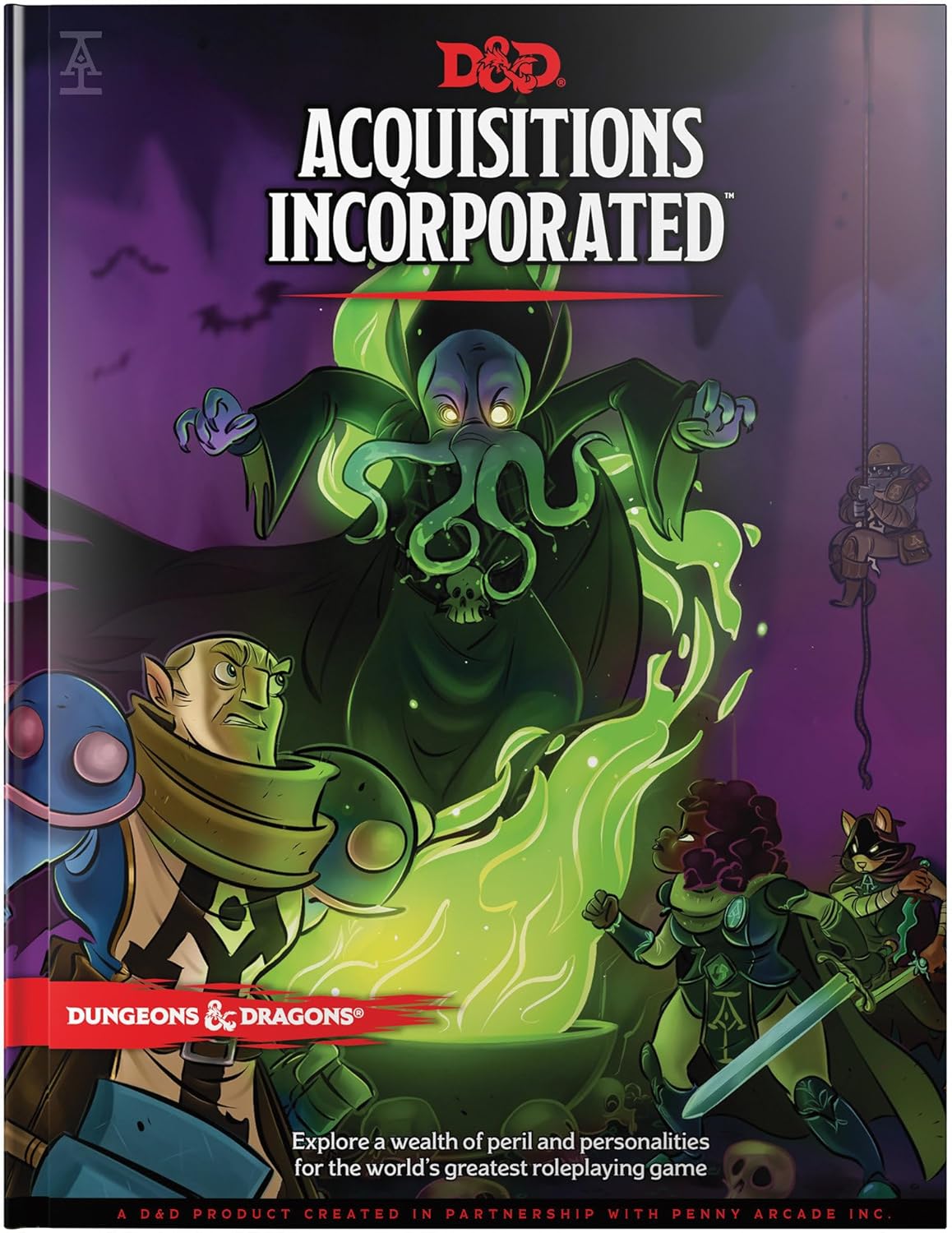 Dungeons & Dragons Acquisitions Incorporated book by Wizard of the Coast featuring fantasy characters around green magical fire