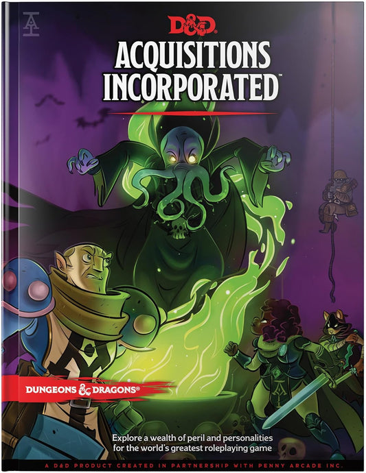 Dungeons & Dragons Acquisitions Incorporated book by Wizard of the Coast featuring fantasy characters around green magical fire