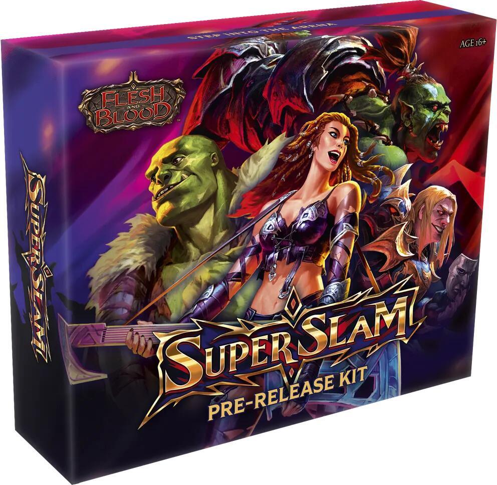 Flesh and Blood Super Slam Pre-Release Kit featuring vibrant artwork of heroes and creatures
