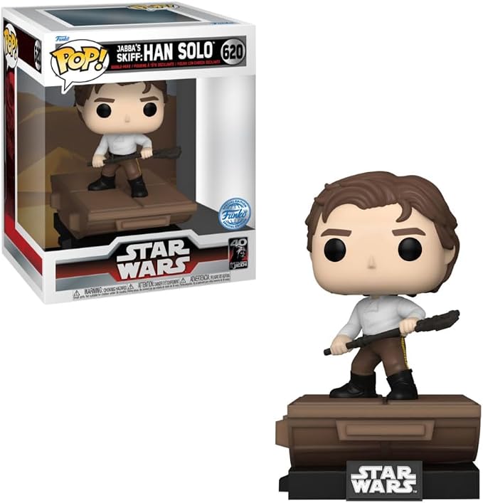 Funko Pop Han Solo figure from Star Wars, standing on Jabba's Skiff with blaster in hand