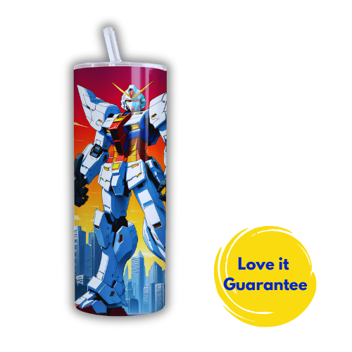 Otaku-Planet Gundam tumbler with straw featuring detailed robot design and cityscape background
