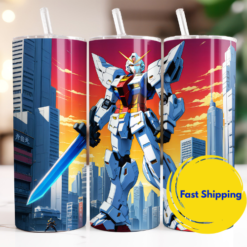 Otaku-Planet Gundam tumbler with straw featuring colorful robot design and cityscape background