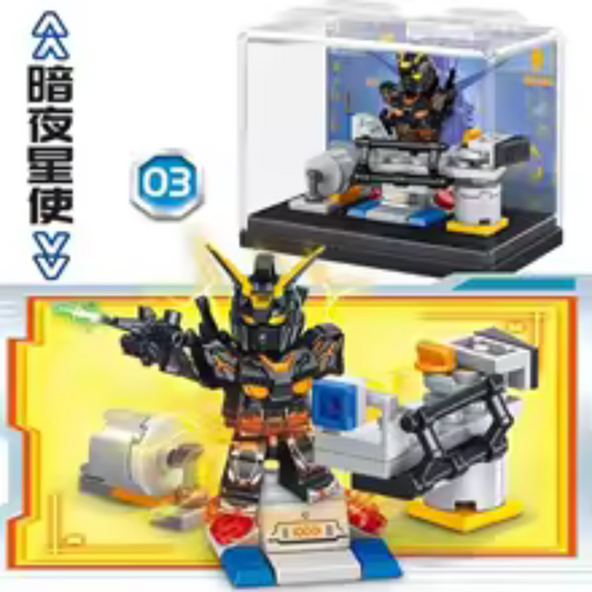 Gundam Unicorn Zagu action figure in a display case with accessories and a detailed diorama setting