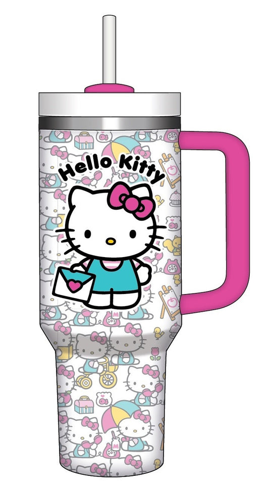 Hello Kitty stainless steel tumbler with colorful character design and pink handle and straw