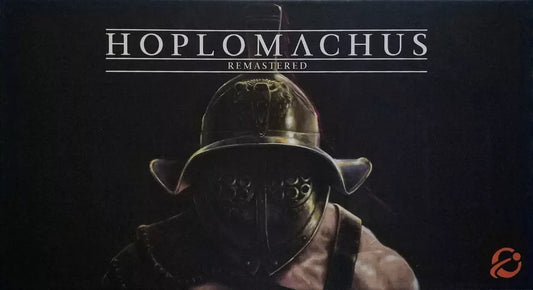 Box cover of Hoplomachus Remastered board game featuring a gladiator in detailed armor and helmet