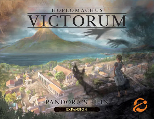 Hoplomachus Victorum expansion board game Pandora's Ruin box art with ancient city and volcano