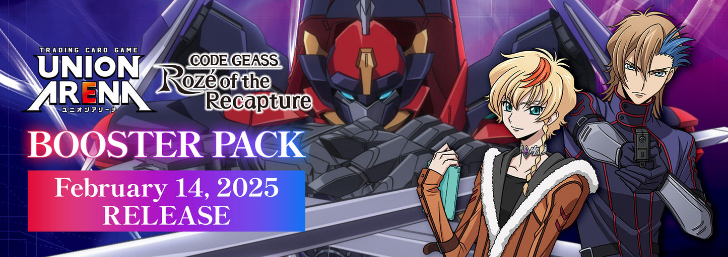 Promotional banner for Code Geass Union Arena booster box showing characters and mecha with February 14 2025 release