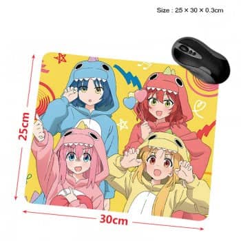 anime mouse pad featuring four cute anime girls in dinosaur kigurumi on yellow background 25x30cm