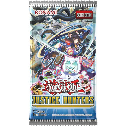 Yu-Gi-Oh Justice Hunters booster pack featuring vibrant artwork and 7 trading cards per pack