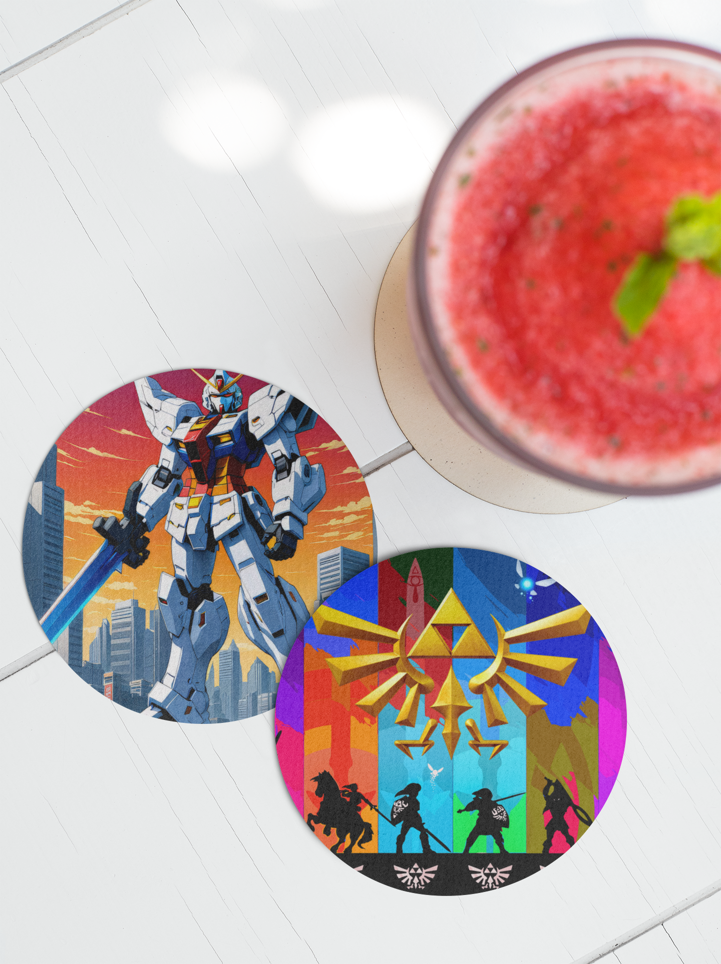 Colorful Legend of Zelda coasters featuring iconic designs and vibrant graphics