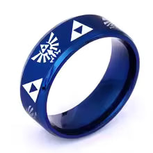 Legend of Zelda Triforce ring in blue with iconic Triforce symbols and Hylian crest design