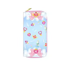 Luna black cat wallet featuring a colorful pattern with hearts and bows on a blue background