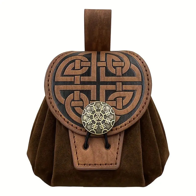 Otaku-Planet mid century dice bag with brown suede body and intricate Celtic knot flap design