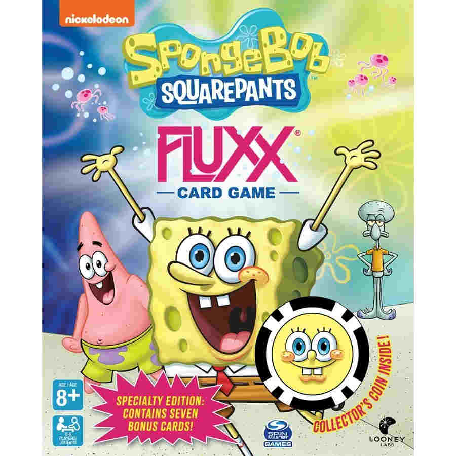 Nickelodeon SpongeBob Fluxx card game featuring SpongeBob SquarePants and Patrick with bonus cards and collector's coin