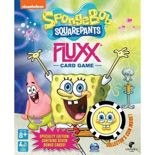 Nickelodeon SpongeBob Fluxx card game featuring SpongeBob SquarePants and Patrick with bonus cards and collector's coin