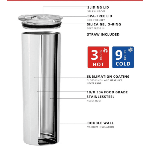 Nier Automata tumbler with straw featuring double wall vacuum insulation and a spill-proof sliding lid
