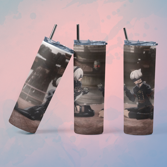 Nier Automata tumbler with straw featuring vibrant artwork of characters for gamers and anime fans