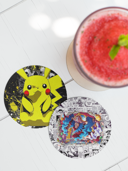 One Piece Buggy coaster featuring vibrant colors and designs, perfect for anime fans
