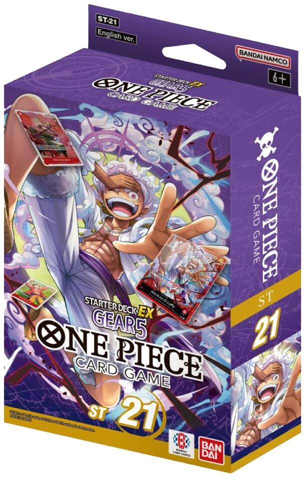 BANDAI One Piece Gear 5 starter deck for the card game featuring colorful character cards and artwork