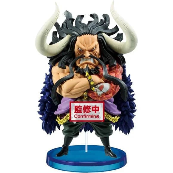 Banpresto One Piece Kaido collectible figure with horns and muscular arms on blue base