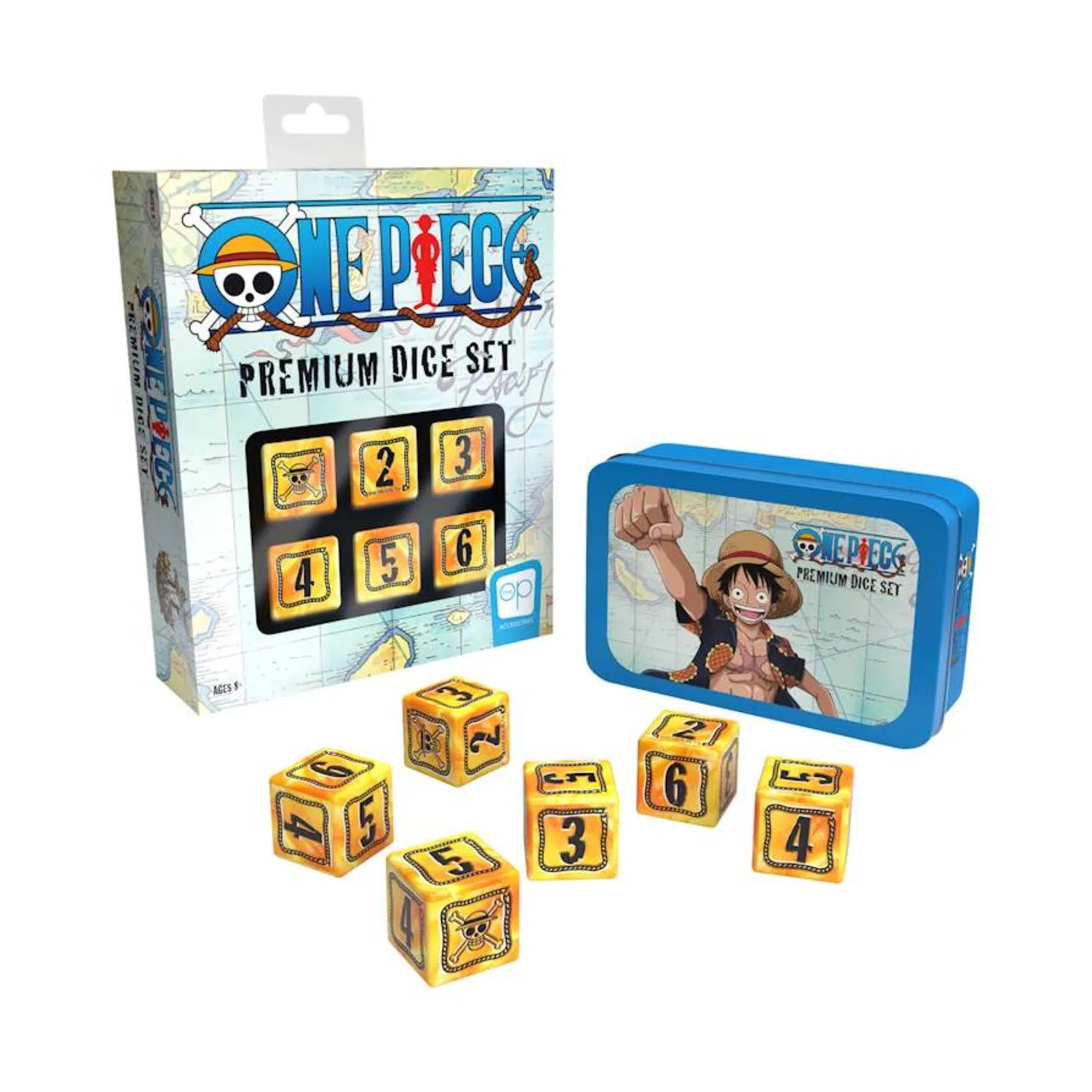 One Piece premium dice set featuring colorful dice with character designs and a collectible tin case