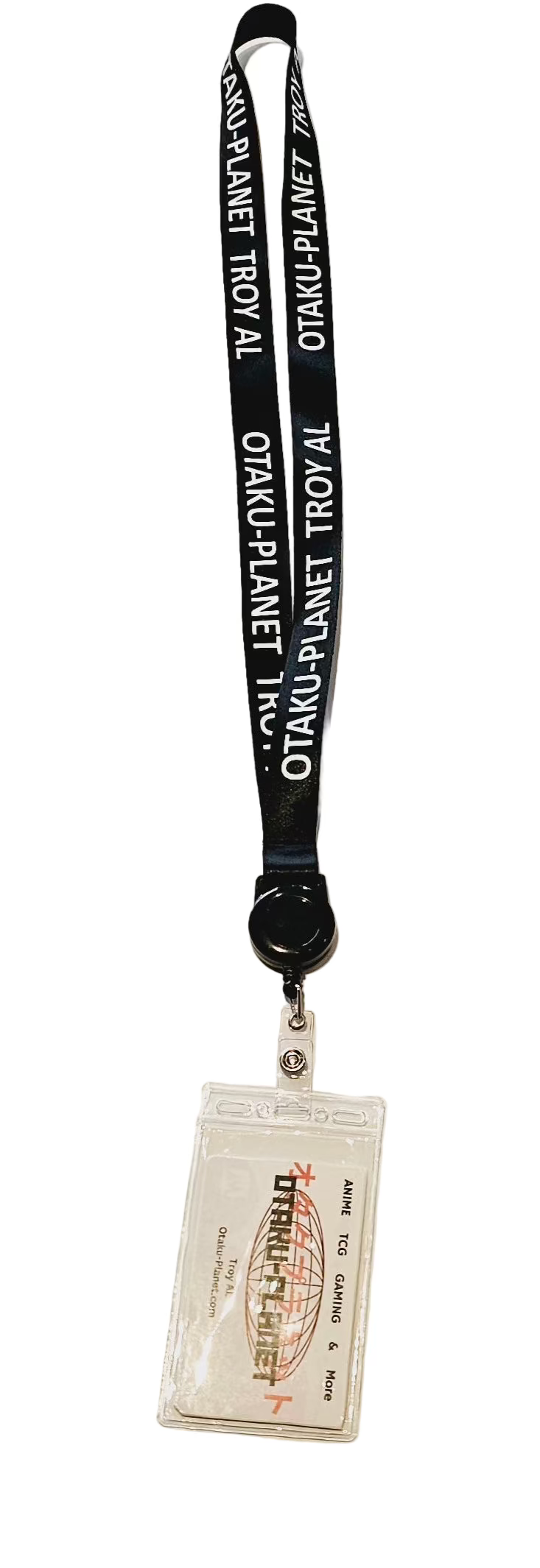 Otaku-Planet lanyard with card holder featuring black strap and clear ID card sleeve