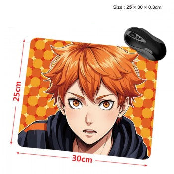 Haikyuu anime mouse pad 30x25cm featuring orange haired volleyball character on checkered orange background for gaming