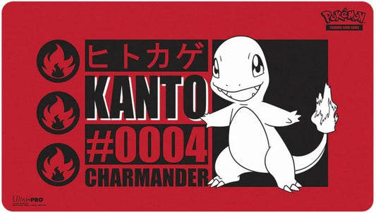 Charmander Pokemon playmat featuring Kanto #0004 design on a vibrant red background