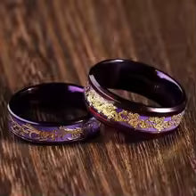 Purple tungsten dragon ring set featuring intricate golden dragon engravings on a sleek design