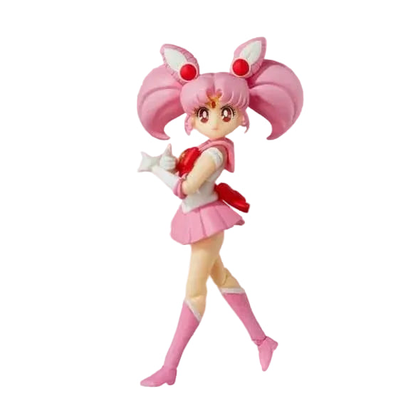 Bandai Sailor Chibi Moon action figure with pink hair and sailor outfit posed on pink background