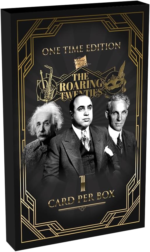 The Roaring Twenties Trading Cards Game Box featuring iconic figures in black and gold design