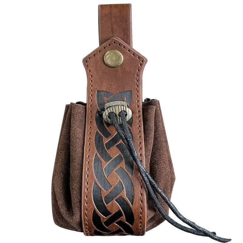 Otaku-Planet Viking dice bag for DND made of brown leather with black knot design and drawstring closure