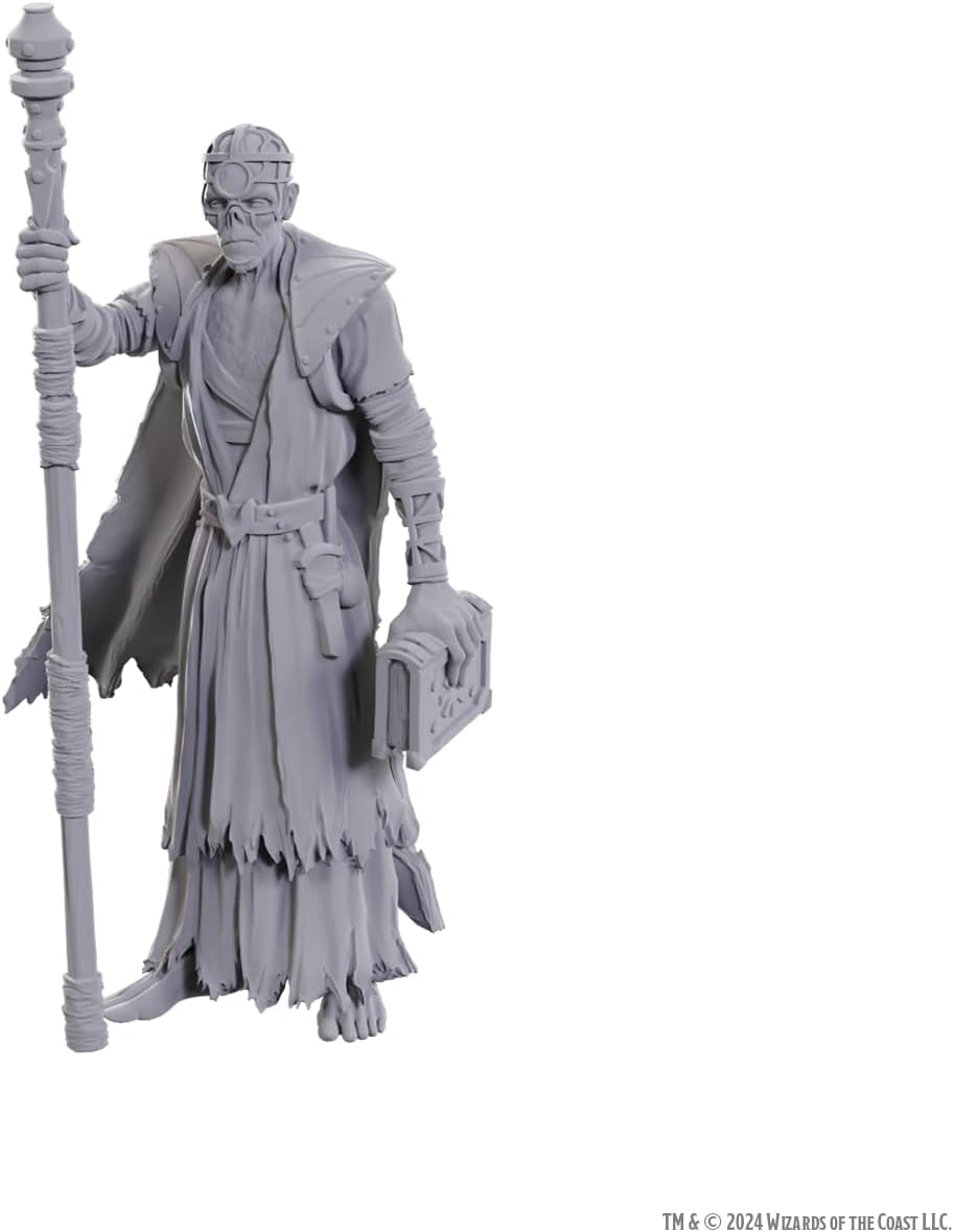 Unpainted Volo and Withers miniatures for tabletop RPG by Wizkids showing a robed figure holding a staff and book